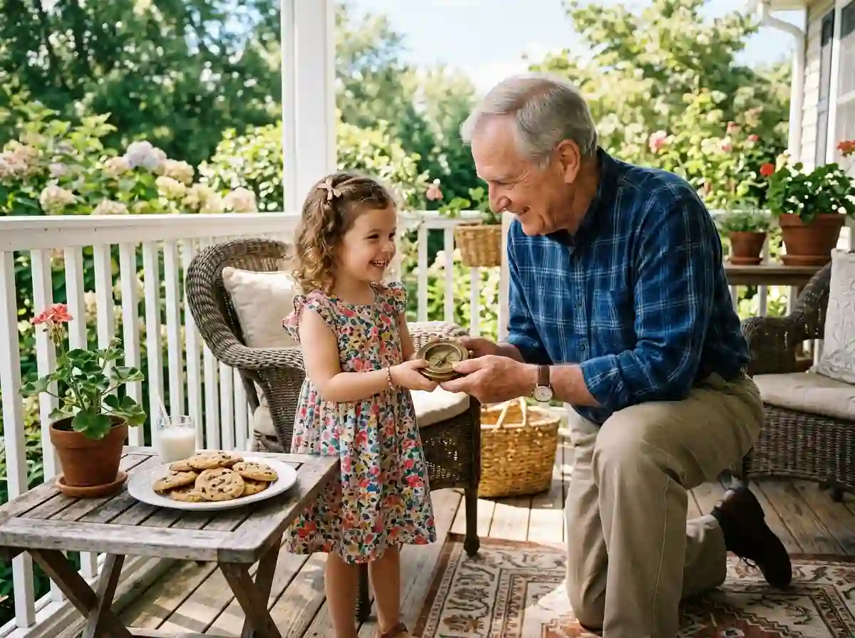 An elderly man giving a small vintage compass to a smiling young girl on a porch