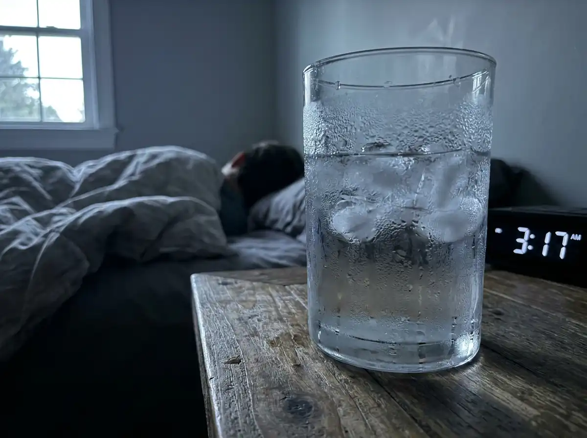 A glass of water sitting on a nightstand illuminated by soft moonlight