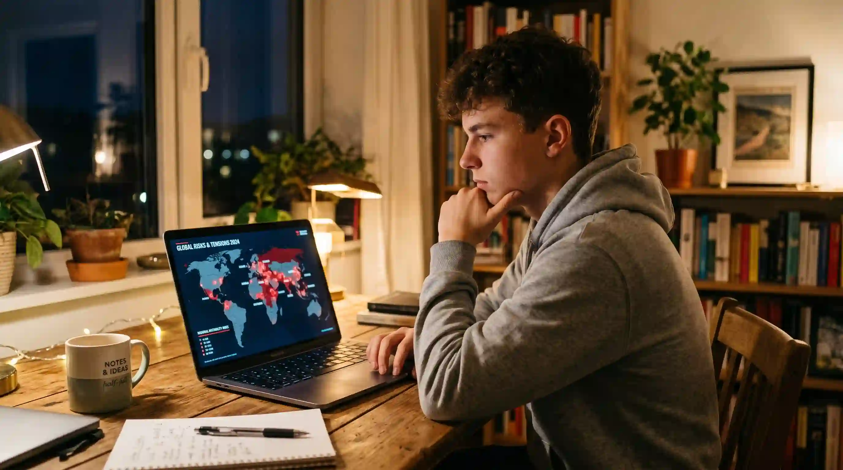 Young man looking at a global map of geopolitical tensions on his laptop