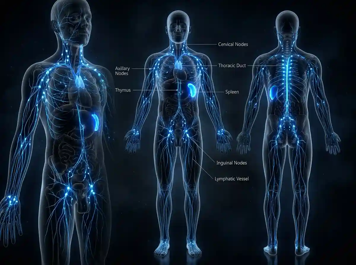 3D anatomical illustration of the human lymphatic system glowing against a dark background