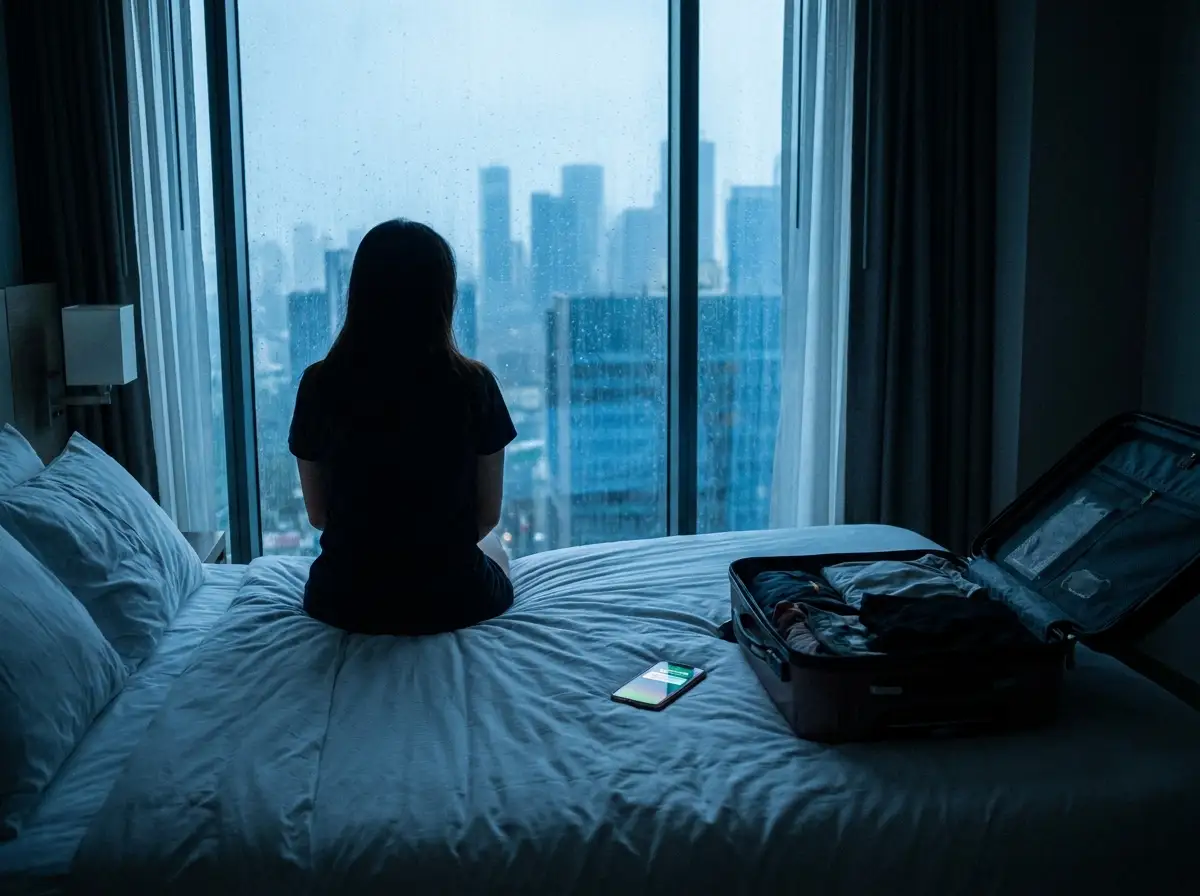 A glowing smartphone on a hotel bed showing 54 missed calls