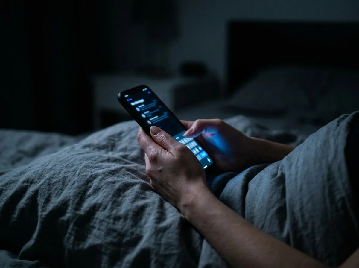 Hands holding a glowing smartphone in a dark, quiet bedroom