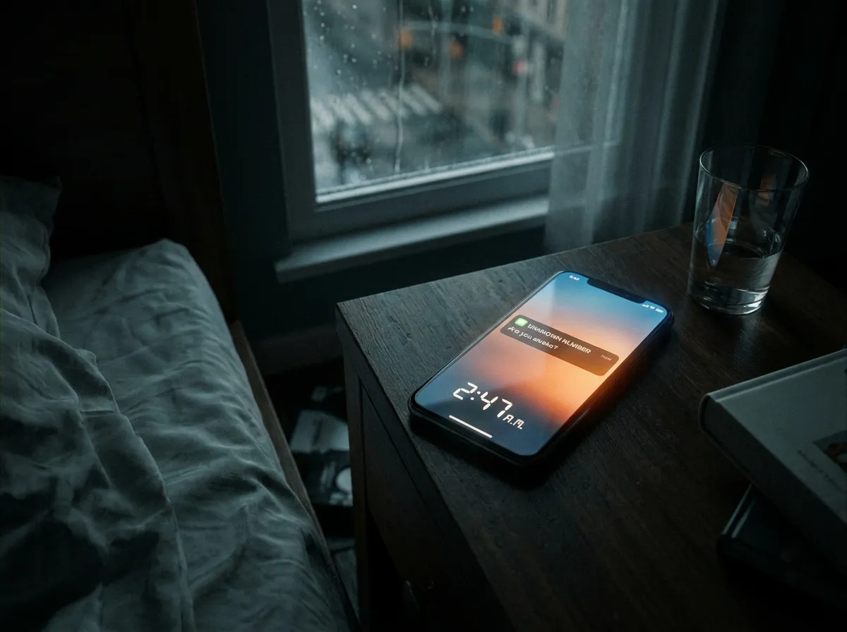 A glowing smartphone displaying a text message at 2:47 AM in a dark room