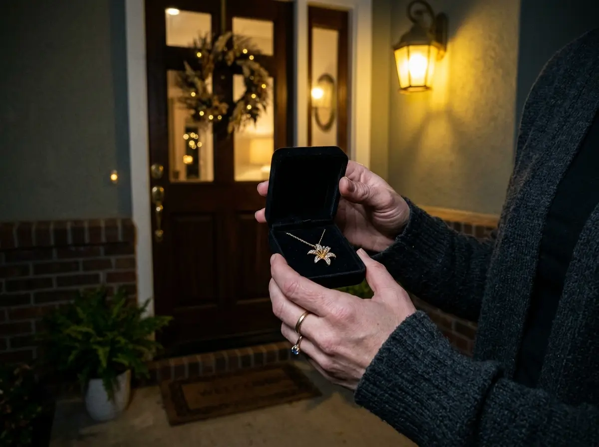 Hands holding a velvet box with a gold lily necklace under a porch light