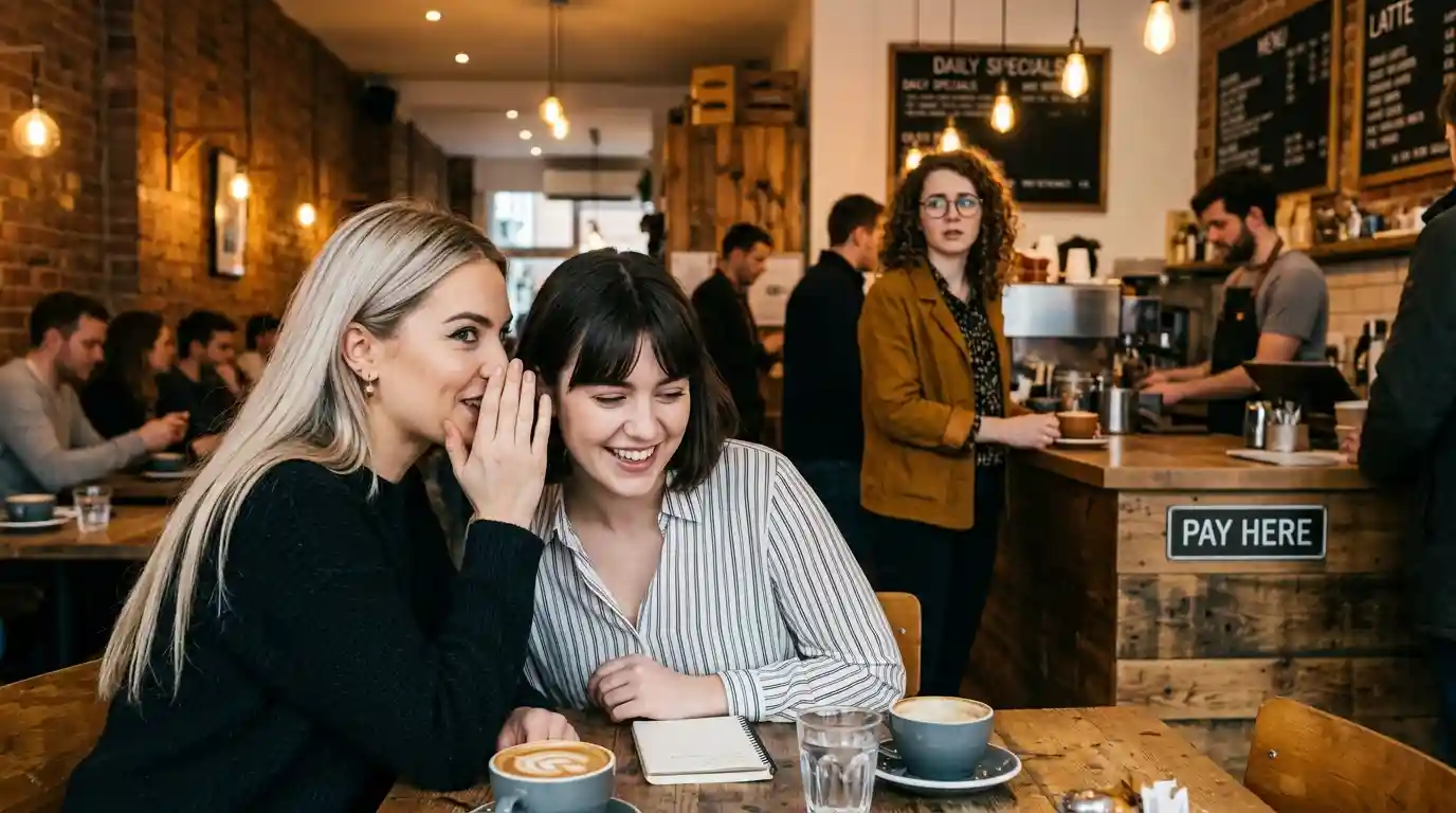 A blonde woman whispering gossip to someone while her friend watches sadly from the background