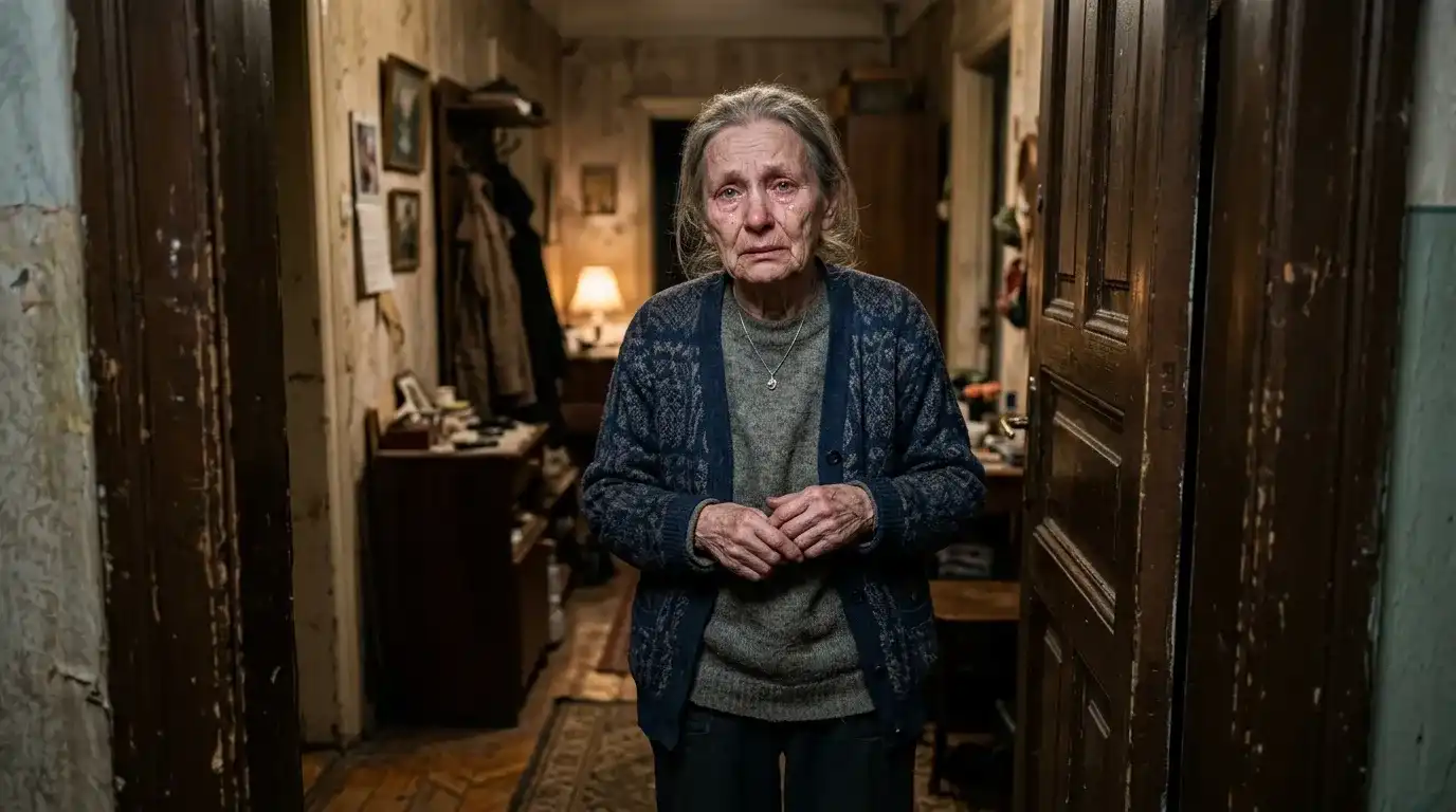 A fragile elderly woman standing in a dimly lit doorway looking remorseful