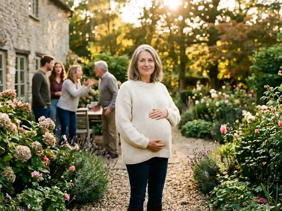 A serene pregnant 56-year-old grandmother standing in her garden while her family argues in the background.