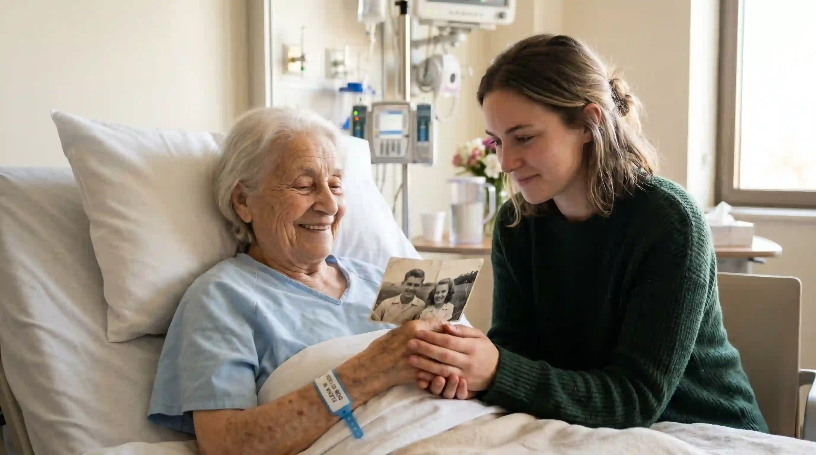Grandmother holding a faded photograph of her first love in the hospital