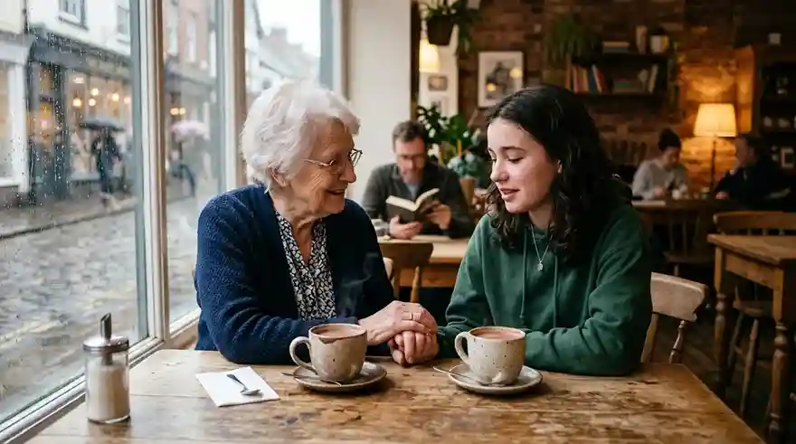 An elderly woman and a teenage girl having hot chocolate at a cafe table