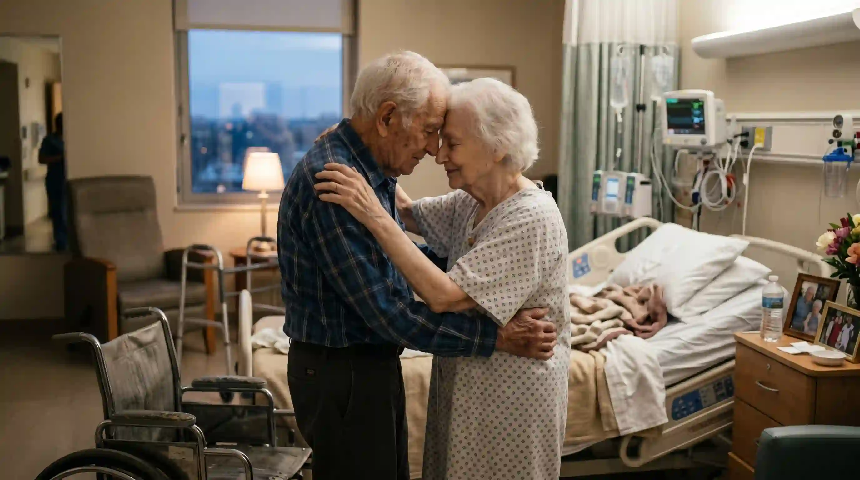 Elderly couple sharing a slow dance in a hospital room