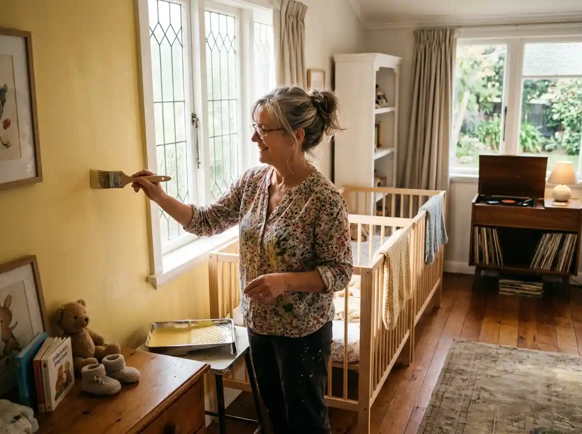 A 56-year-old grandmother happily painting a nursery yellow and preparing for her twins alone.
