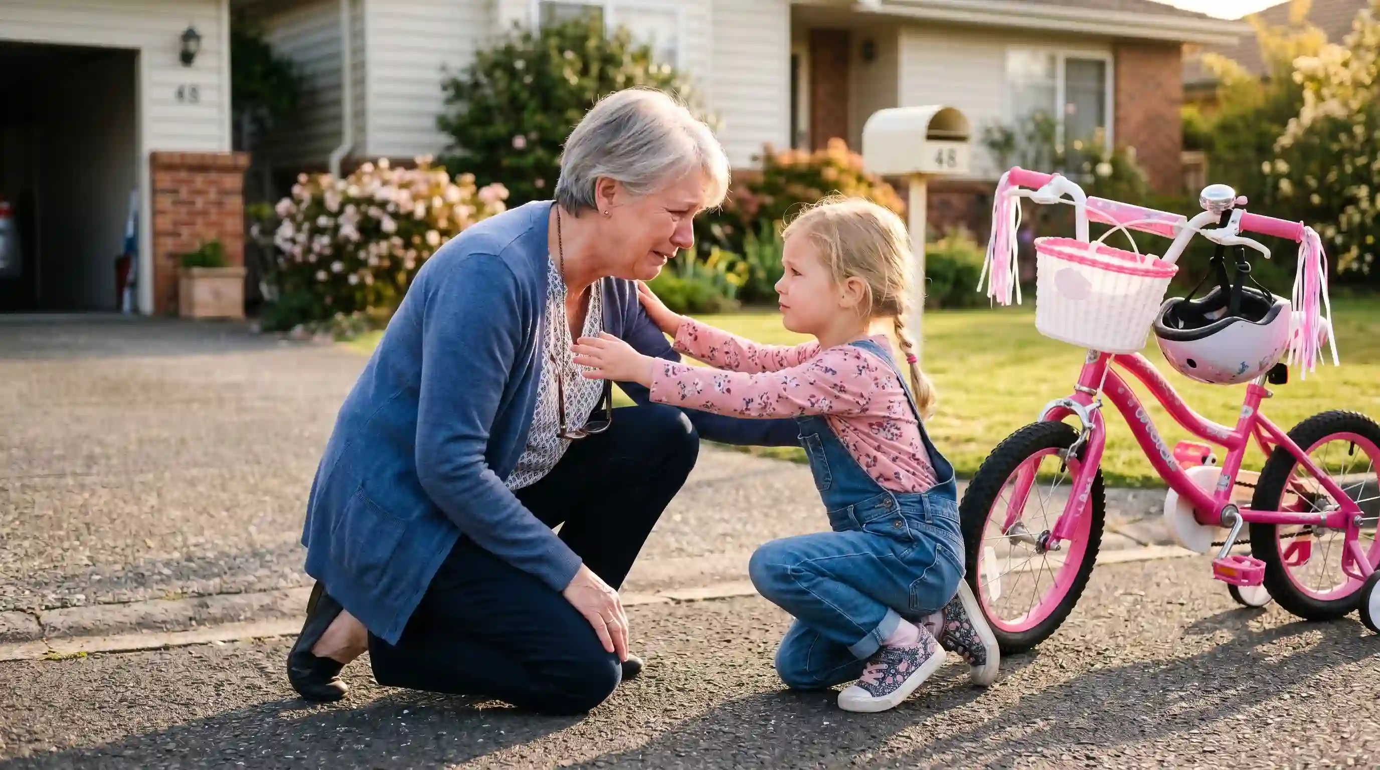 Grandmother crouching down to apologize to a little girl next to a pink bike