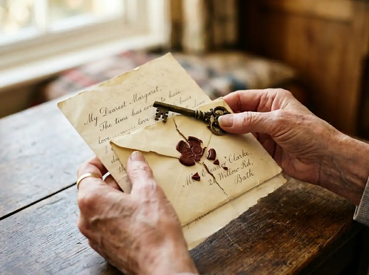 A woman holding an old letter and a vintage brass key