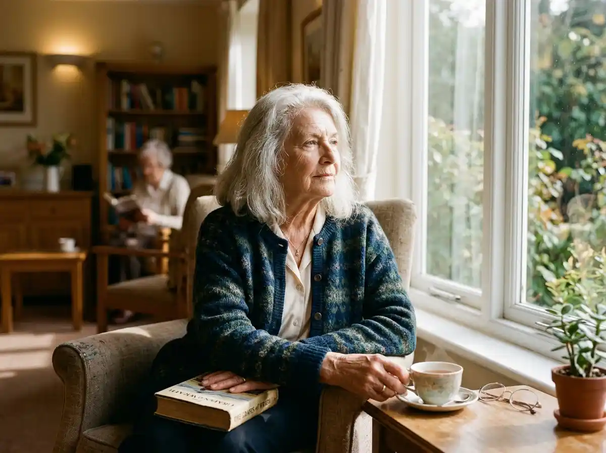An elderly grandmother with silver hair sitting peacefully by a sunlit window, looking wise and resolute.