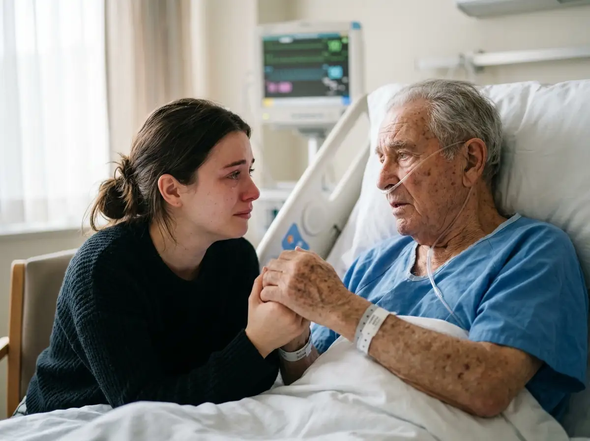 An older man in a hospital bed holding a young woman's hand