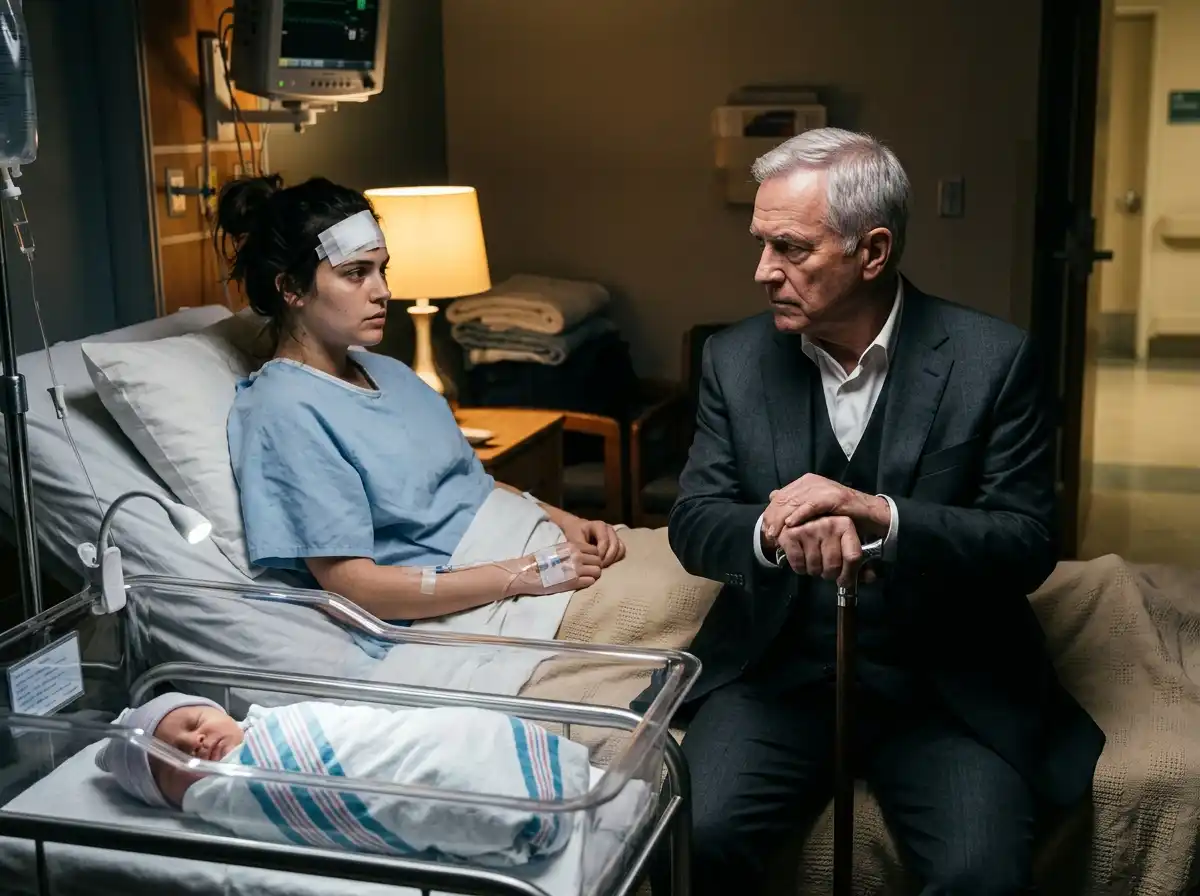 A strong woman in a hospital bed with her protective grandfather sitting beside her