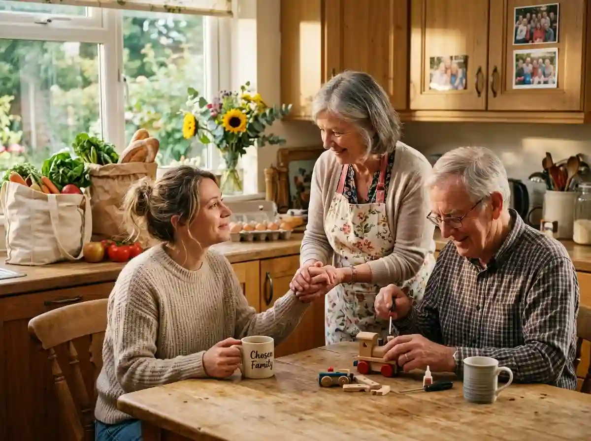 Older grandparents comforting a stressed mother in a family kitchen