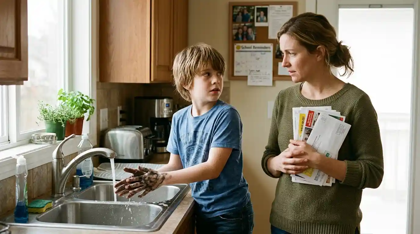 A young boy washing grease off his hands in the kitchen while his mother watches