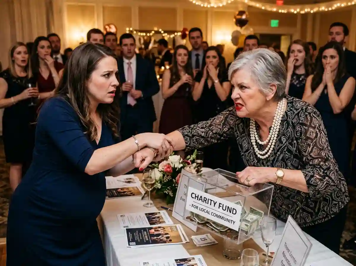 An older woman trying to snatch a donation box from a pregnant woman