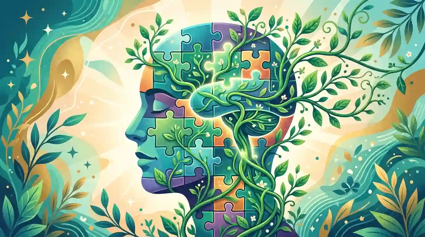 An illustration of a puzzle-piece mind blooming with green vines and leaves