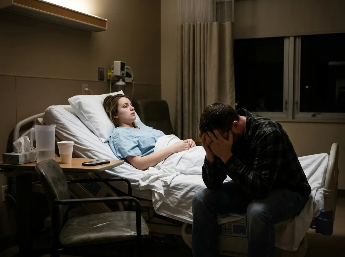 A woman in a hospital bed with a grieving man sitting beside her