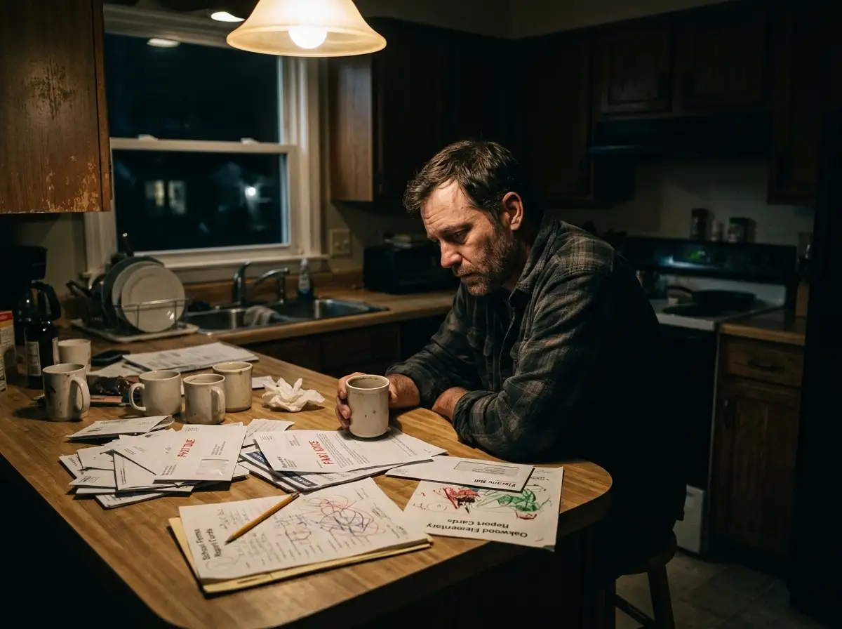 A tired father sitting alone in a messy kitchen at night