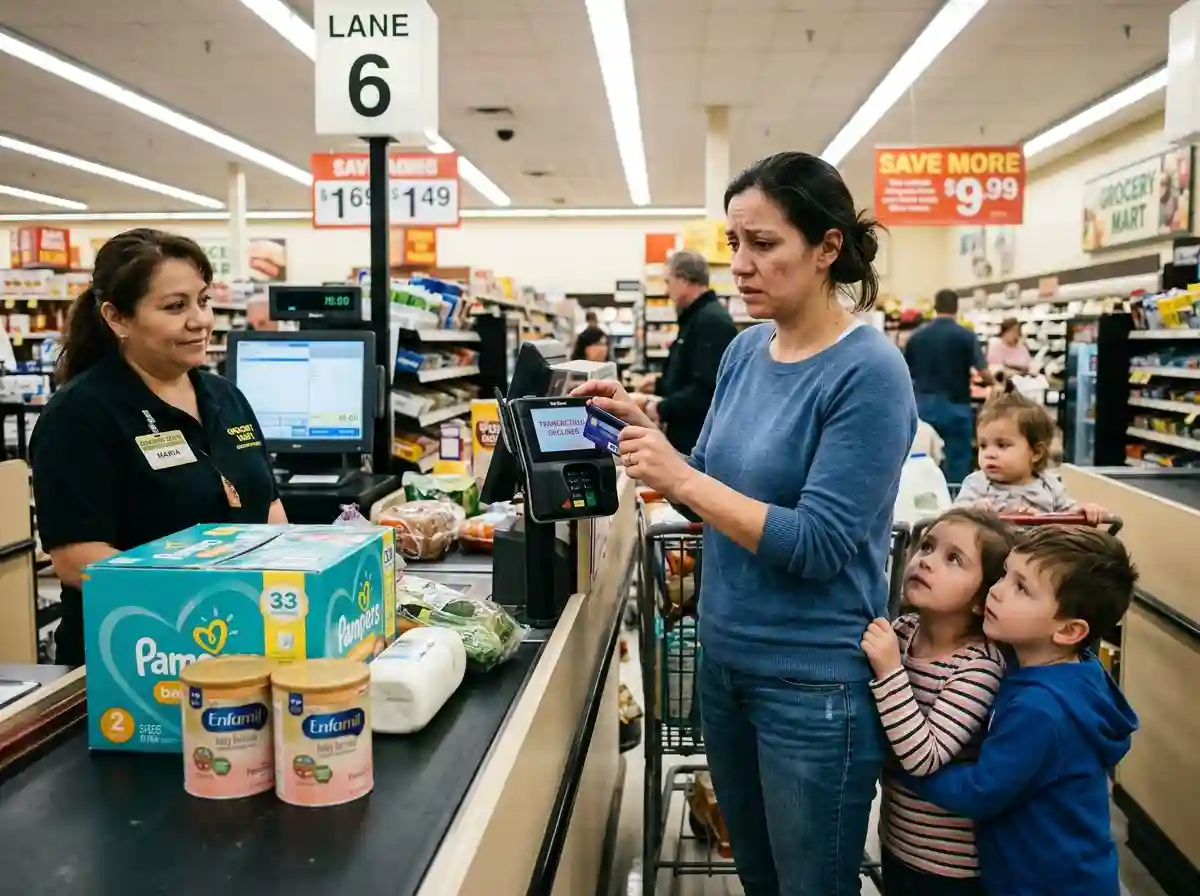 A stressed mother at the grocery store checkout holding a declined credit card