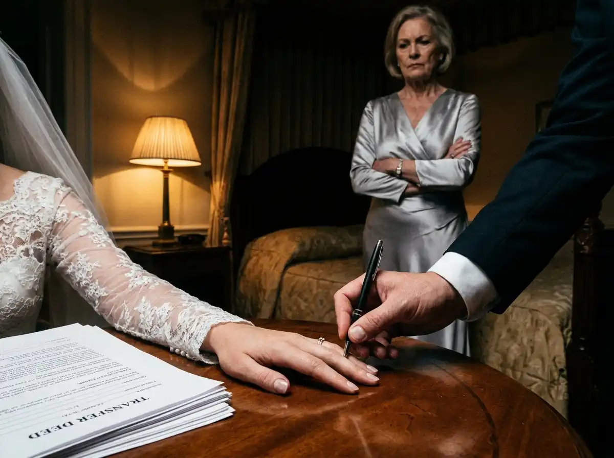 A groom trying to force a pen into a limp bride's hand to sign legal documents.