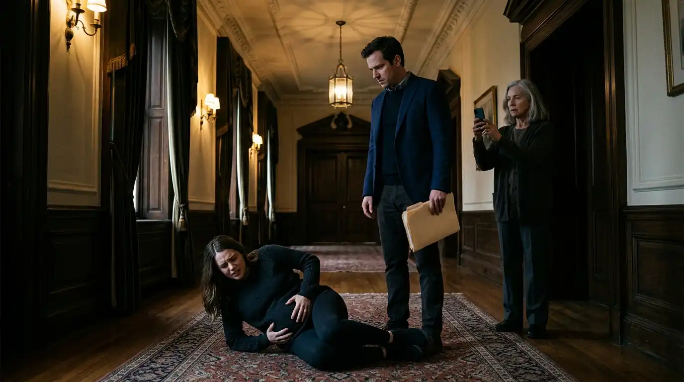 Daniel demanding Clara sign the papers while Evelyn films her in labor