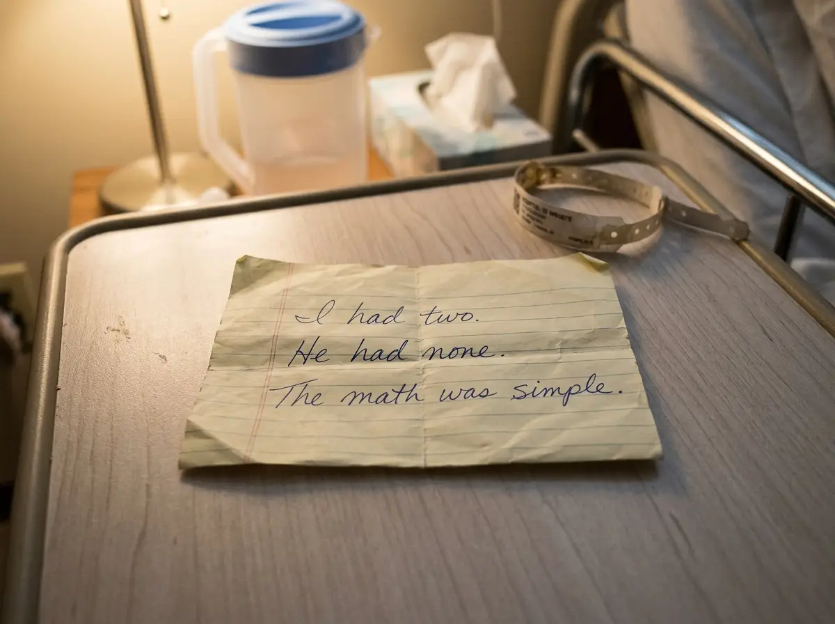 A handwritten note that says I had two. He had none. The math was simple.