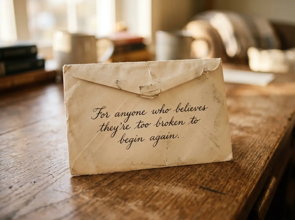 A handwritten envelope that reads For anyone who believes they're too broken to begin again