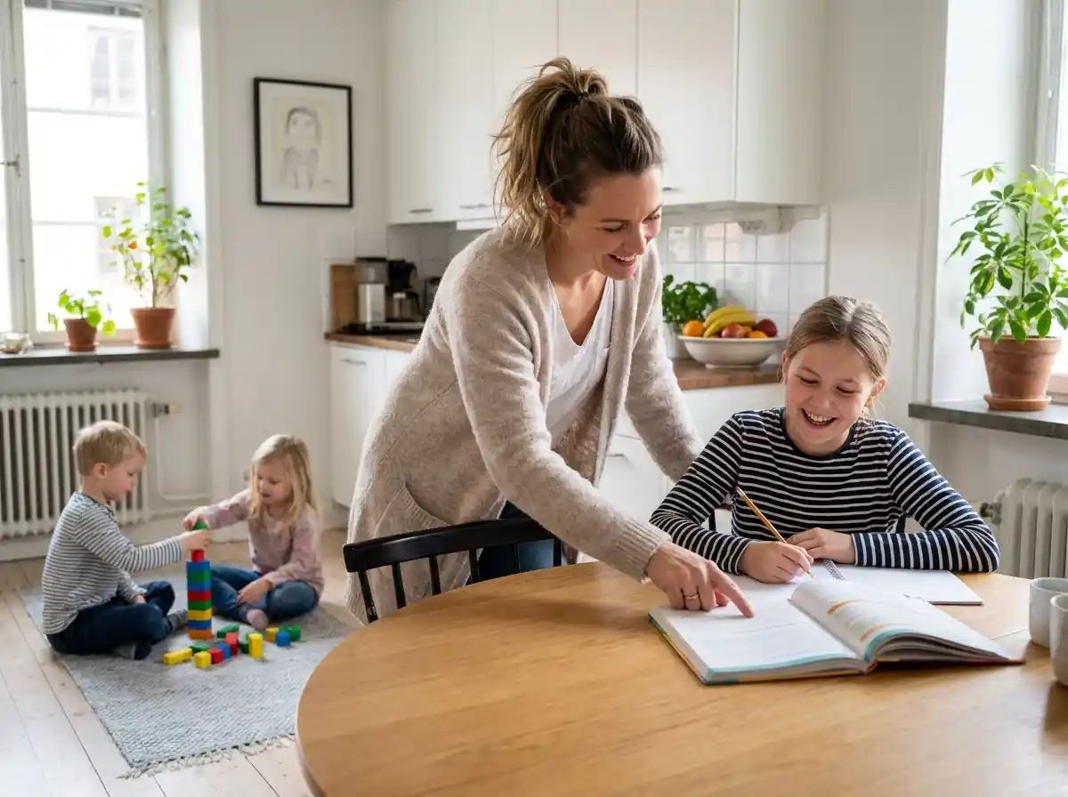 A smiling woman helping a happy young girl with homework in a clean, bright kitchen.