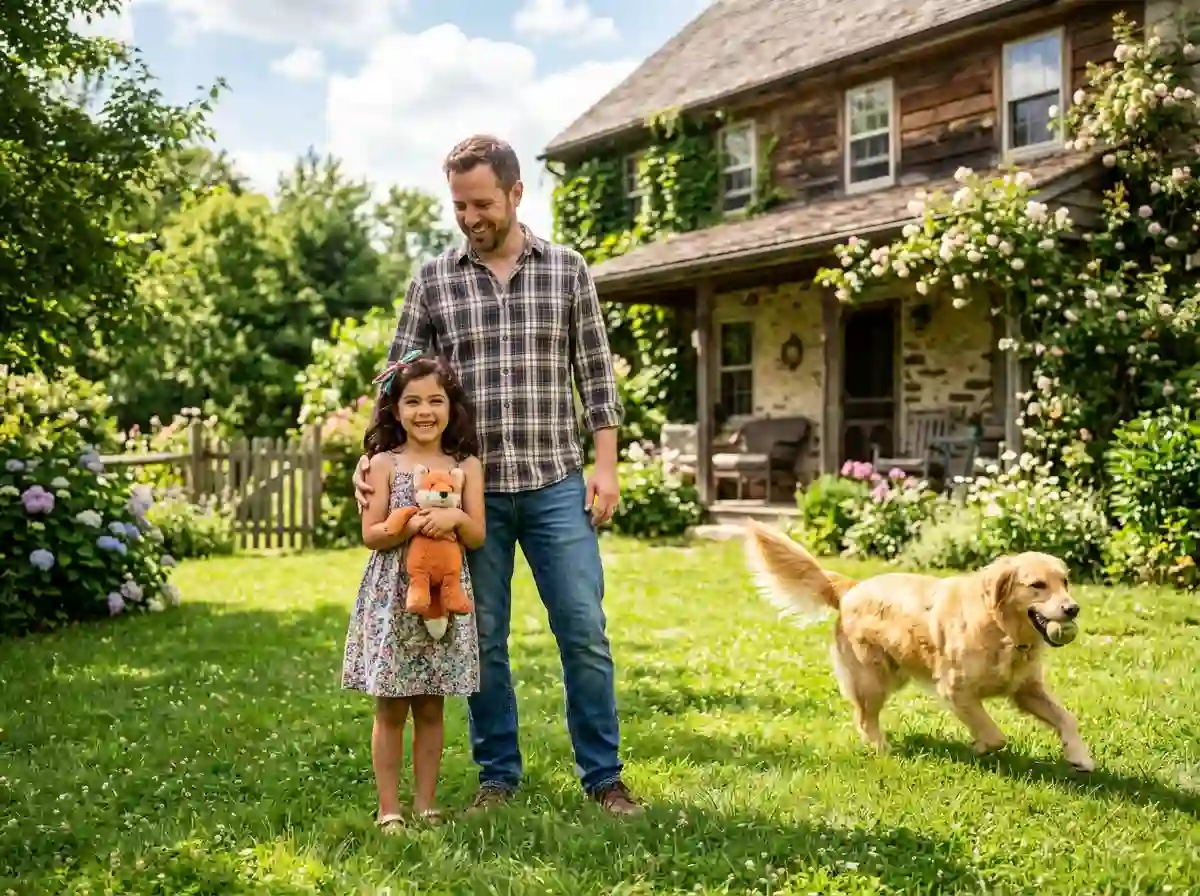 Ethan and Harper smiling together outside a sunny farmhouse with a golden retriever.