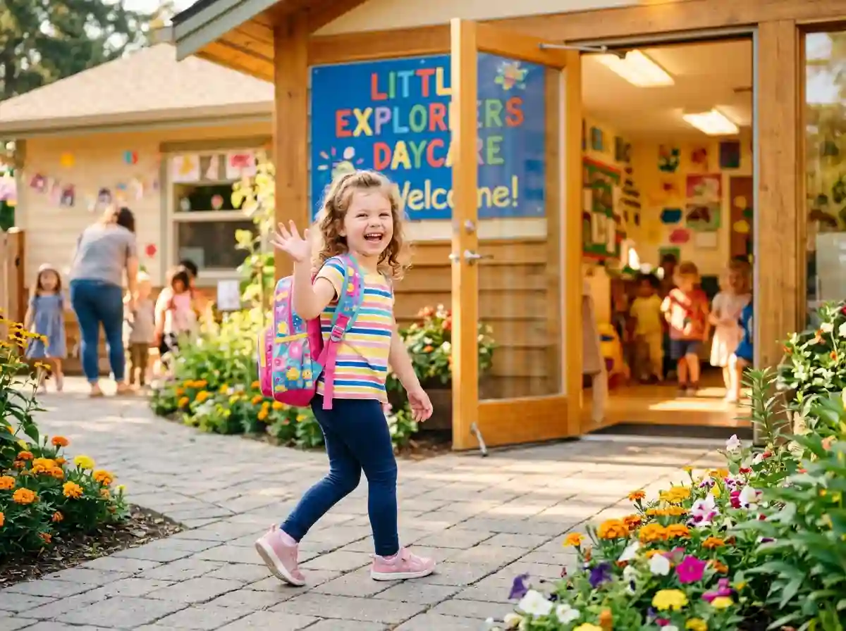 A smiling, cheerful young girl waving happily at her new daycare