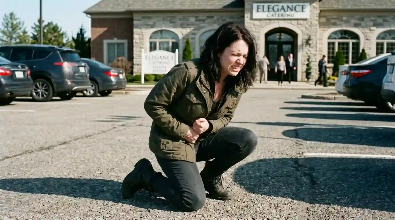 Harper collapsing in the parking lot in her olive-green jacket