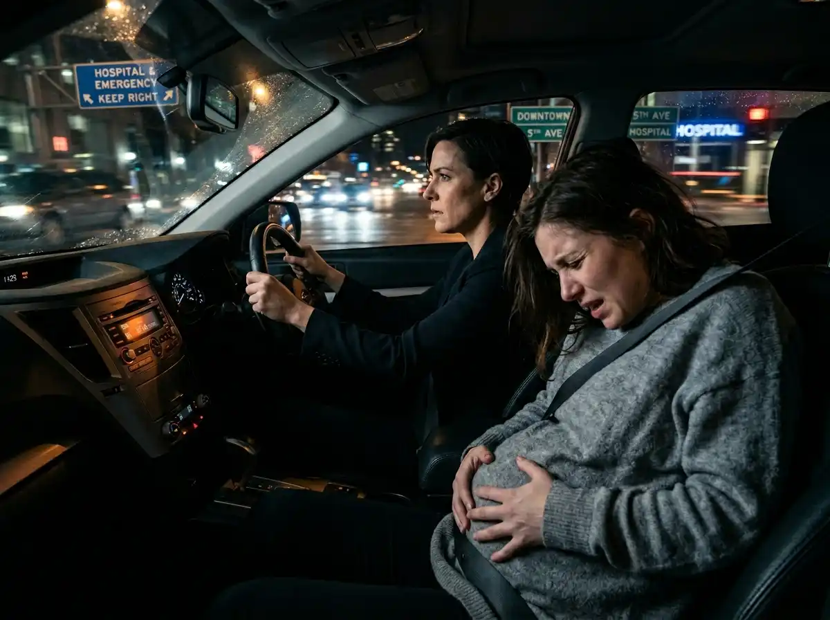 Harper driving Olivia to the hospital while she experiences intense labor pains