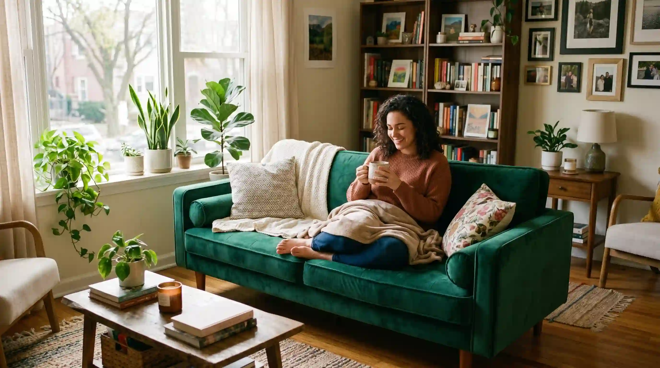 Harper sitting peacefully on a green velvet sofa in her sunlit one-bedroom apartment