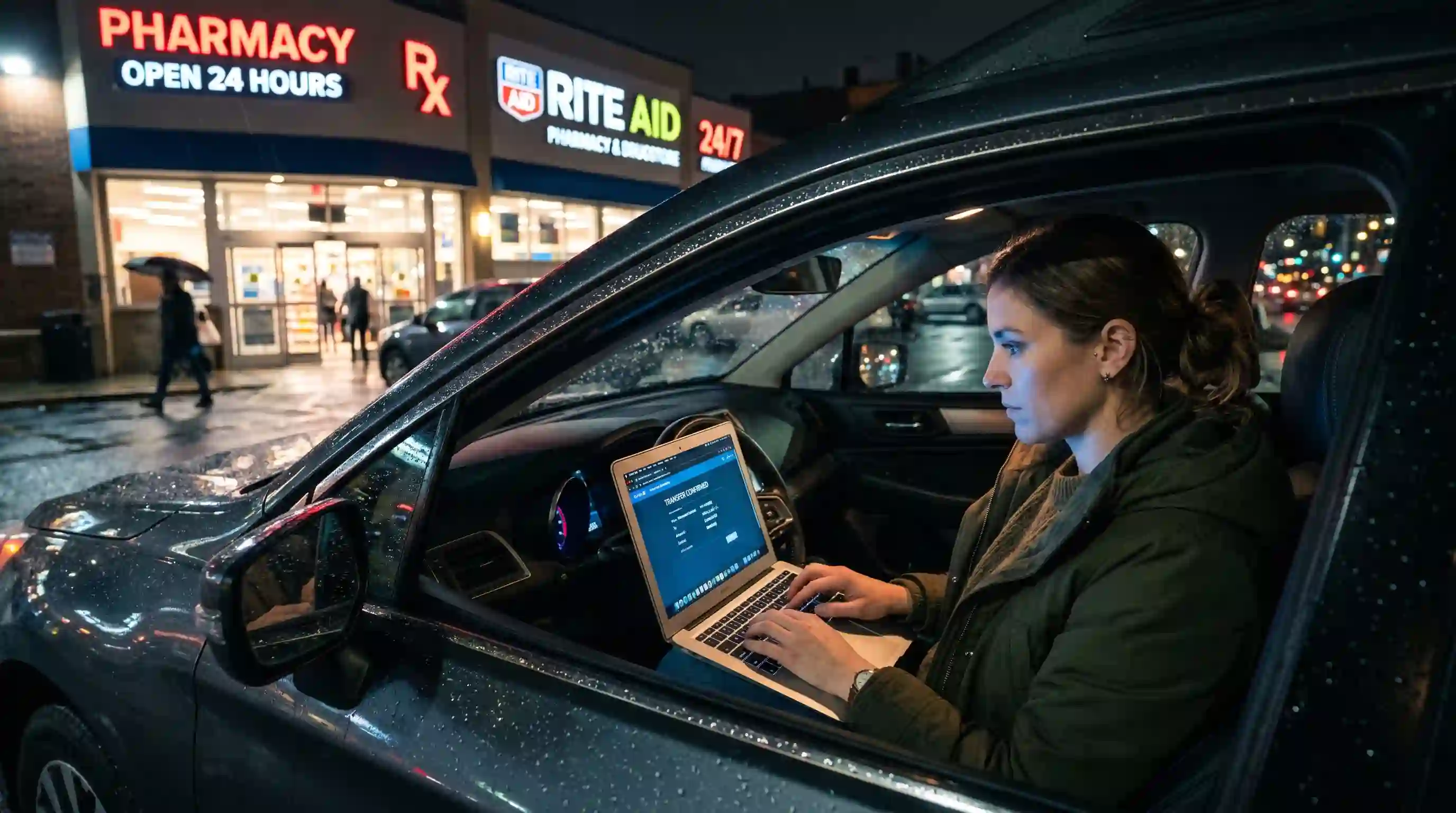 Harper sitting in her car at night working on her laptop to cancel bank transfers