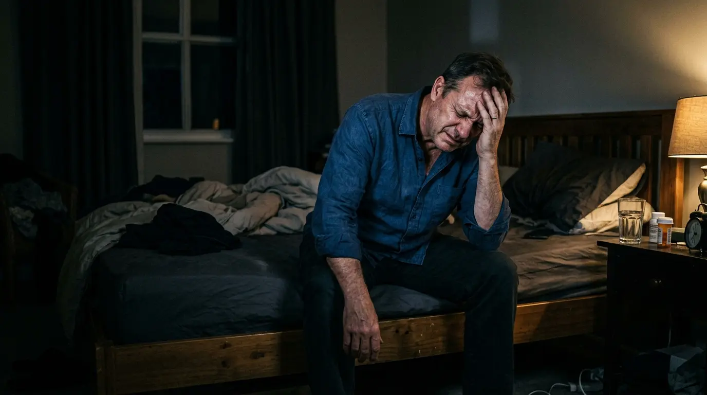 Robert sitting on the bed with a severe headache and a numb arm