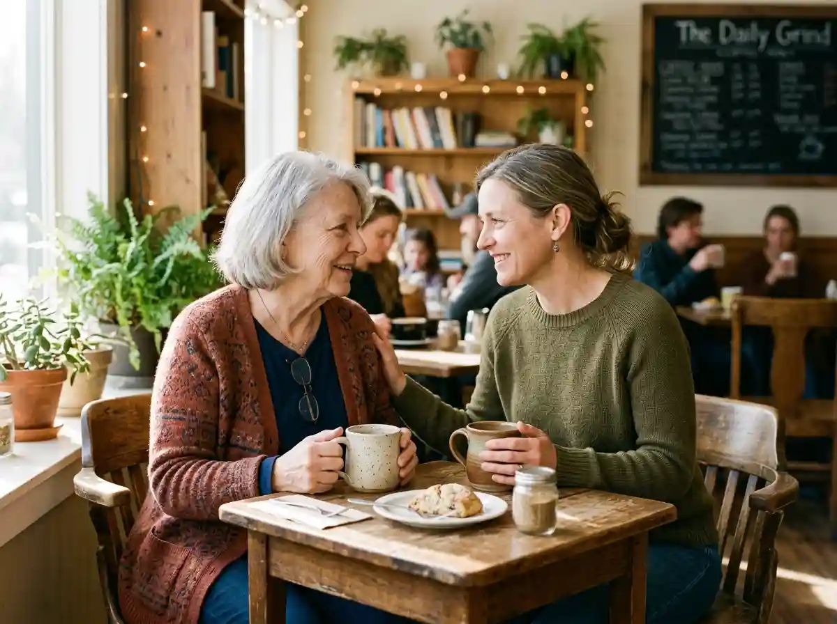 A mother and daughter smiling and talking over coffee