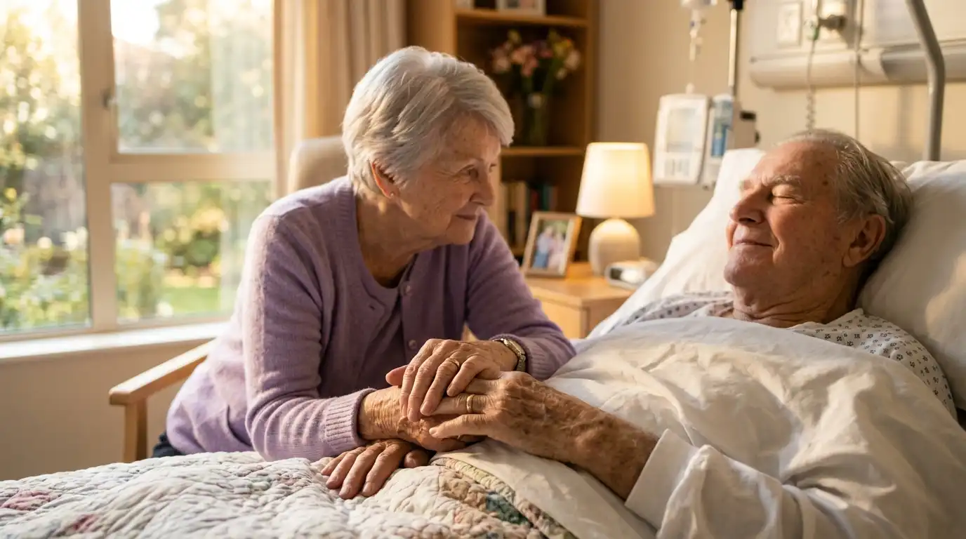 Eleanor holding Richard's hand peacefully in a sunlit hospital room