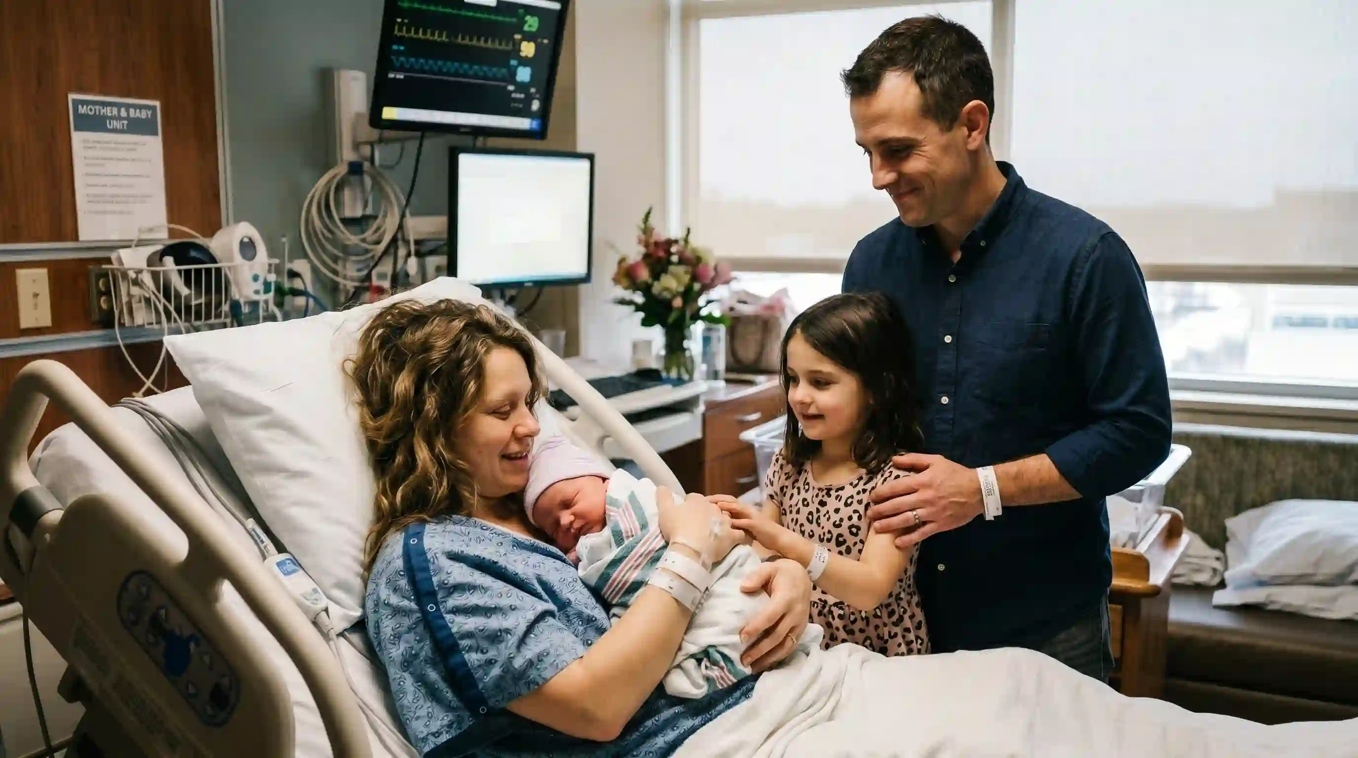 Happy family holding their healthy newborn baby in the hospital