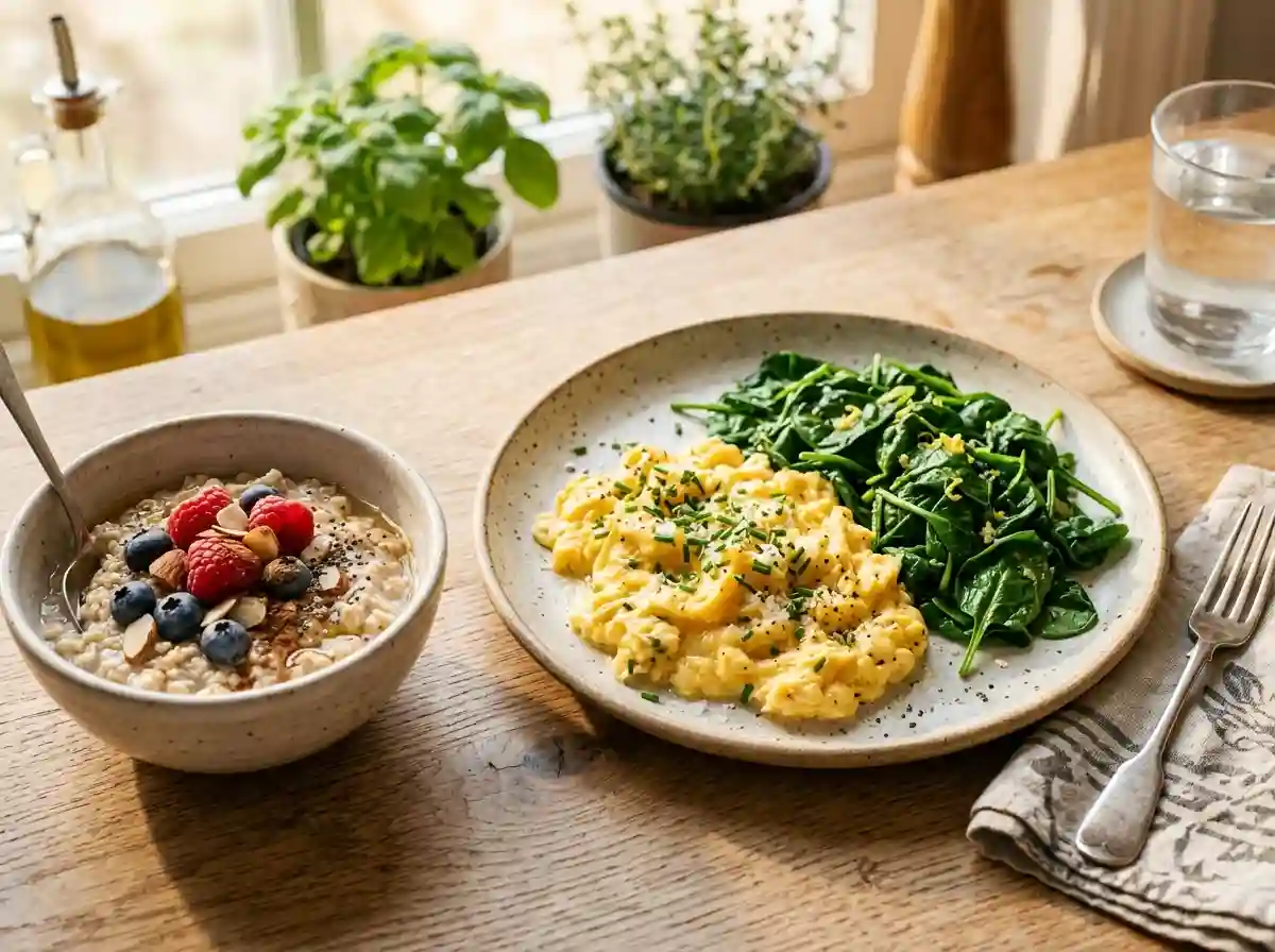 A healthy breakfast plate containing scrambled eggs and fresh spinach.