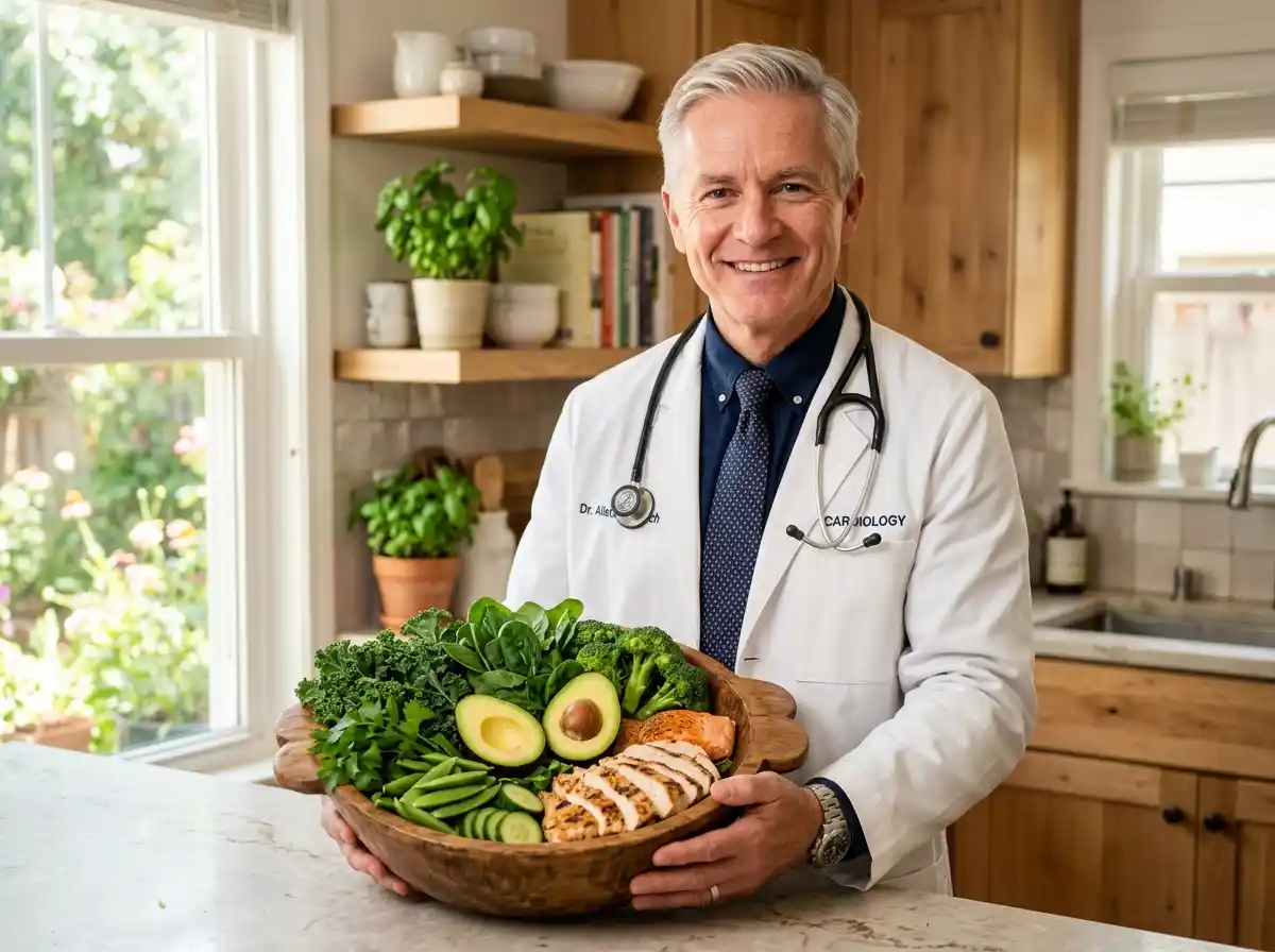 Heart surgeon smiling while holding a bowl of fresh vegetables, avocados, and salmon