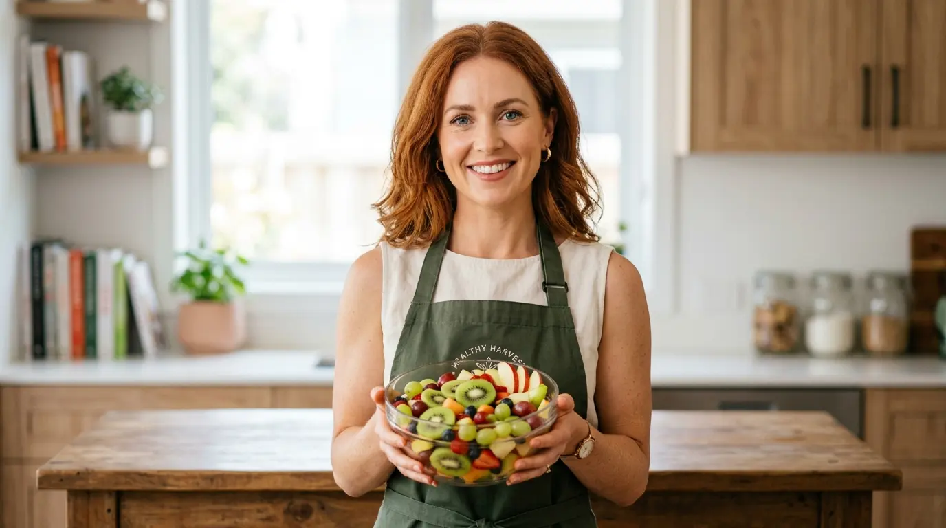 Nutritionist smiling while holding a colorful bowl of fresh fruit salad