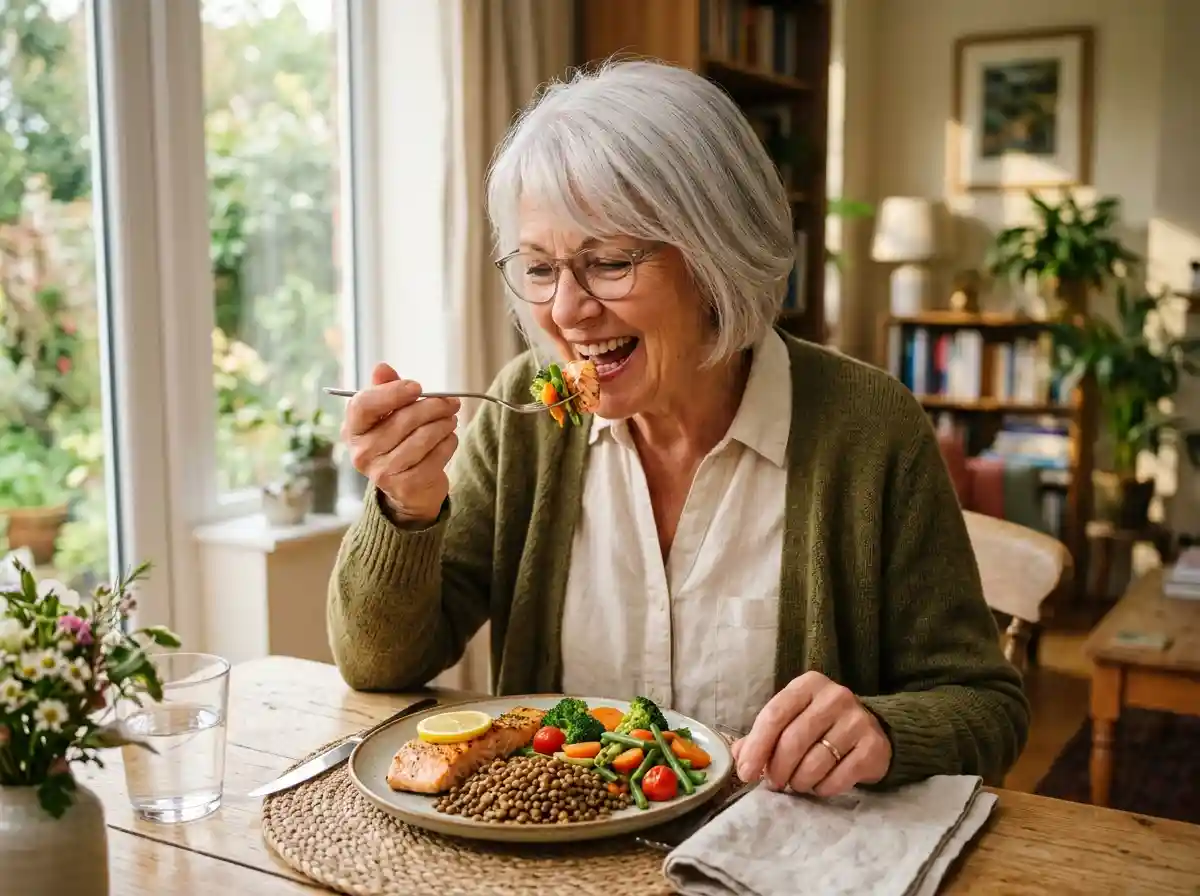 Evelyn enjoying a healthy, nutrient-rich meal at her dining table