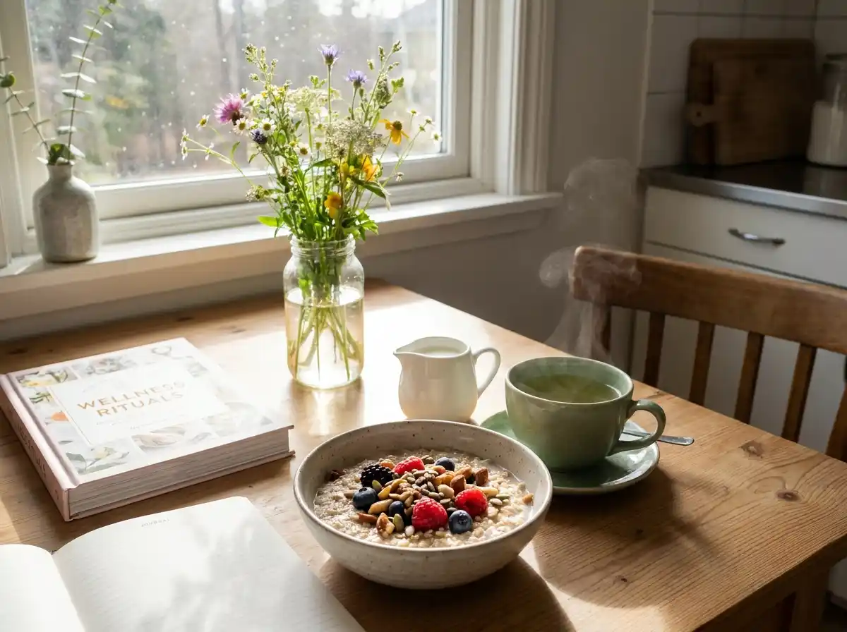 A bright, healthy morning breakfast with fresh berries, oatmeal, and green tea on a sunlit table