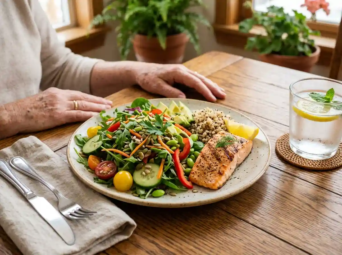 A healthy, colorful, fiber-rich meal with grilled fish and water