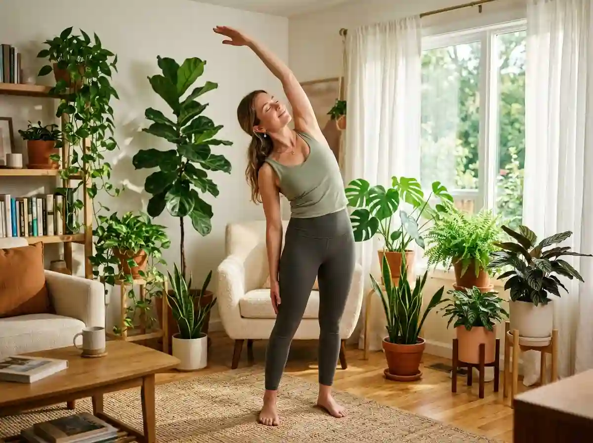 Person practicing deep breathing and light stretching in a sunlit living room