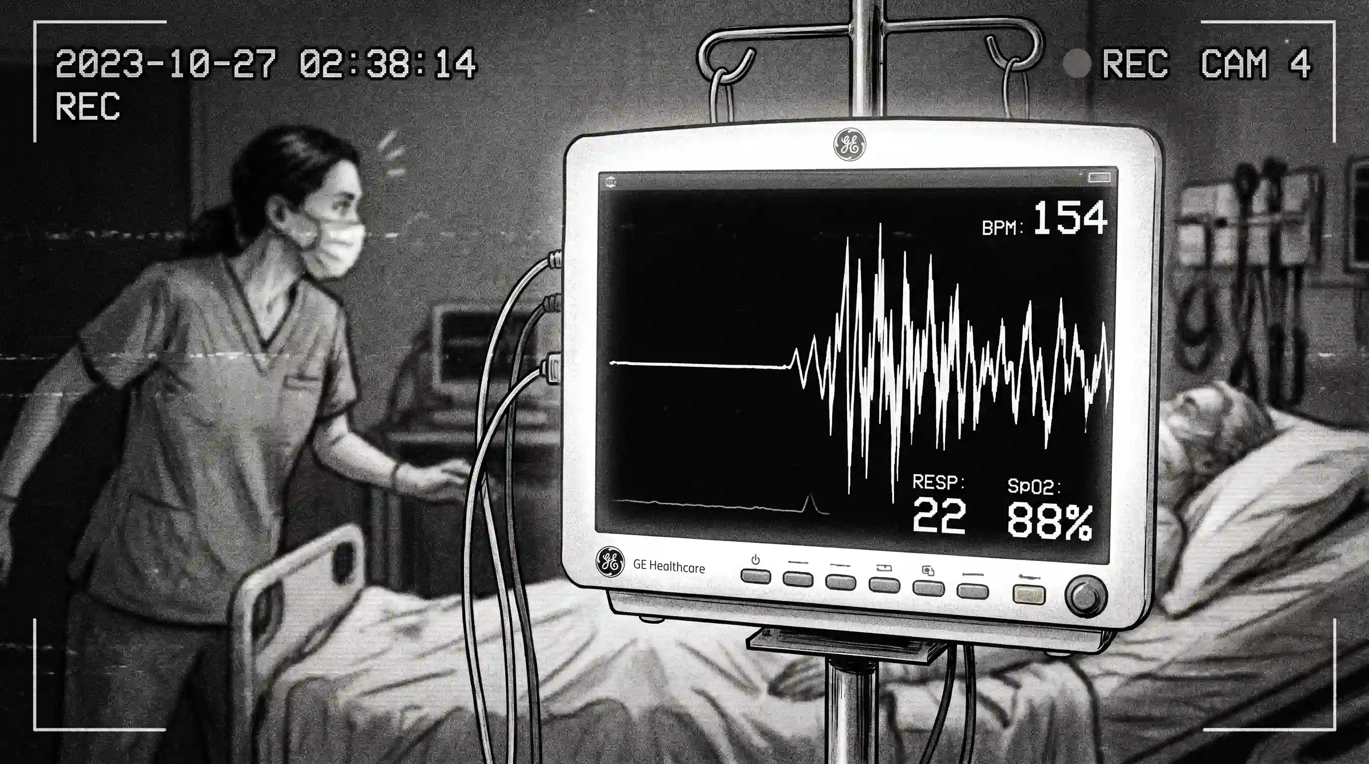 Illustration of a heart monitor suddenly spiking on a screen